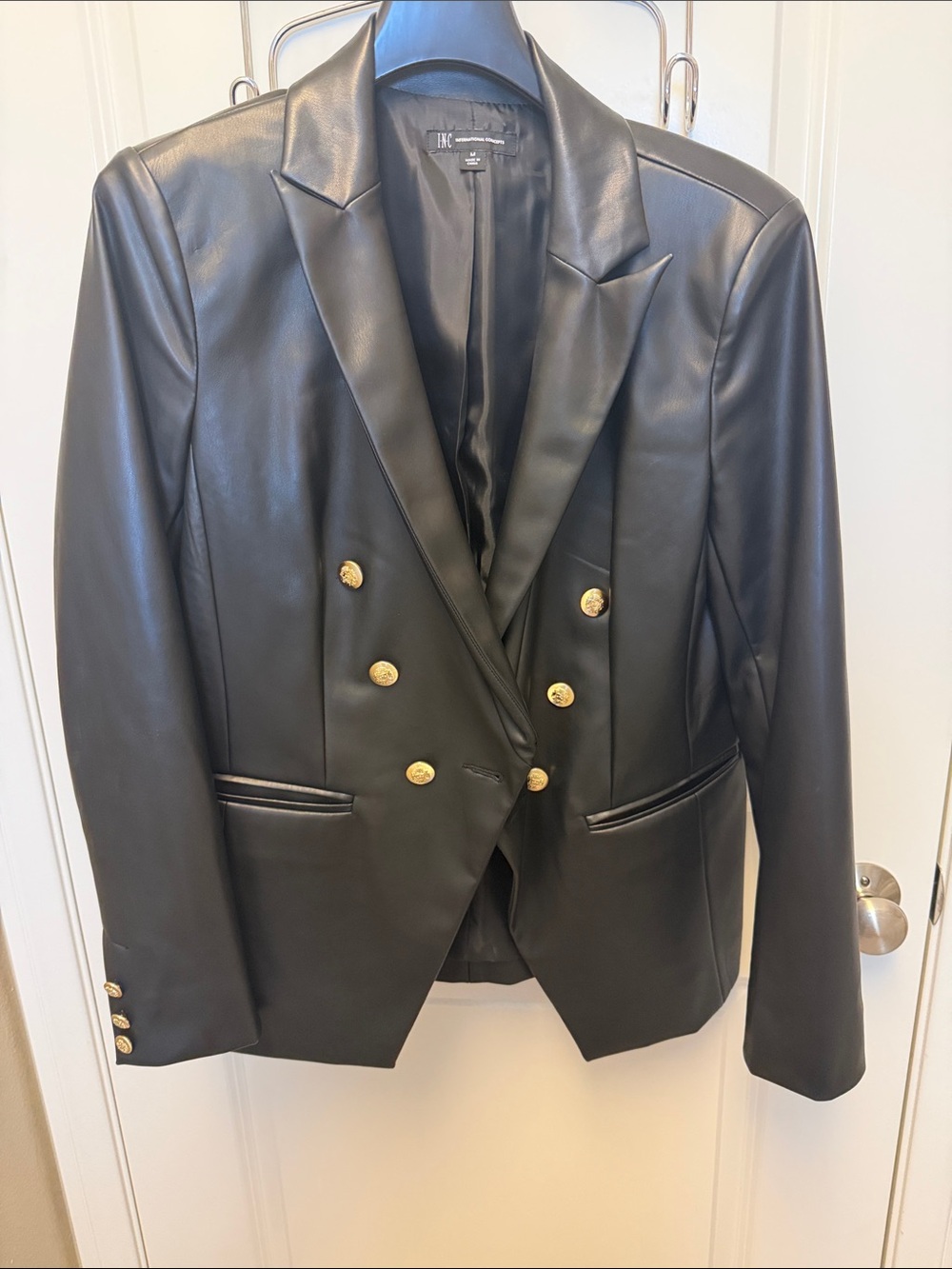 INC Faux Leather Double-Breasted Blazer Jacket - Black